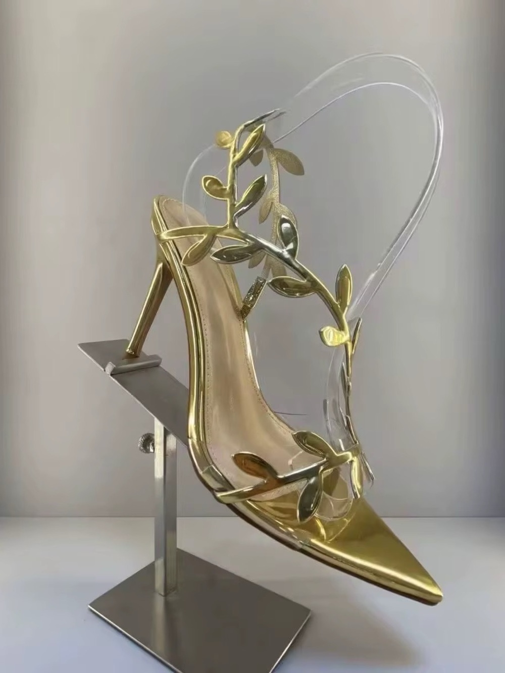 Gold Leaf Detail Clear-Strap Pointed Slingback Heels